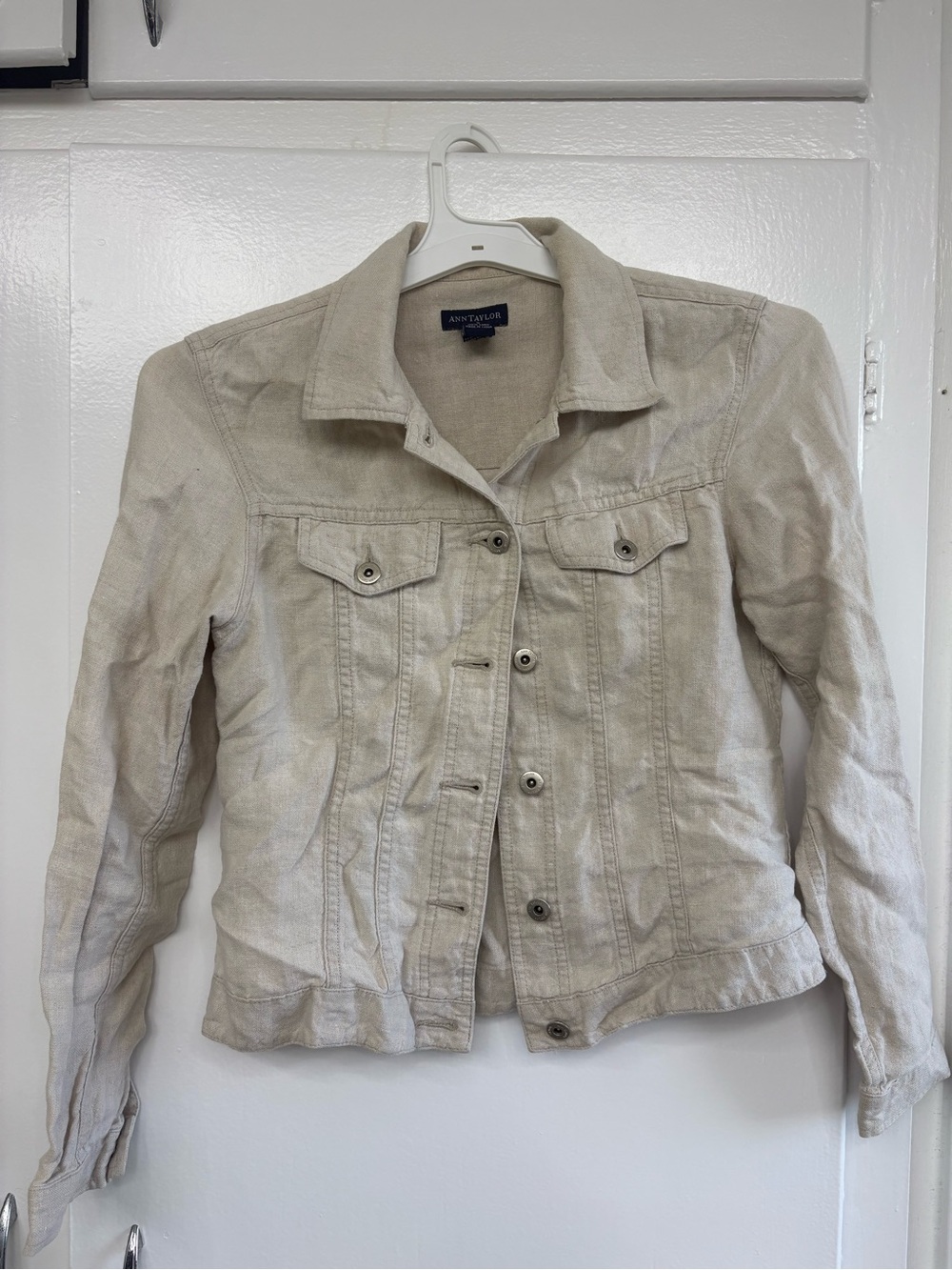 Ann Taylor Light Cream Denim Jacket with Pocket Flaps